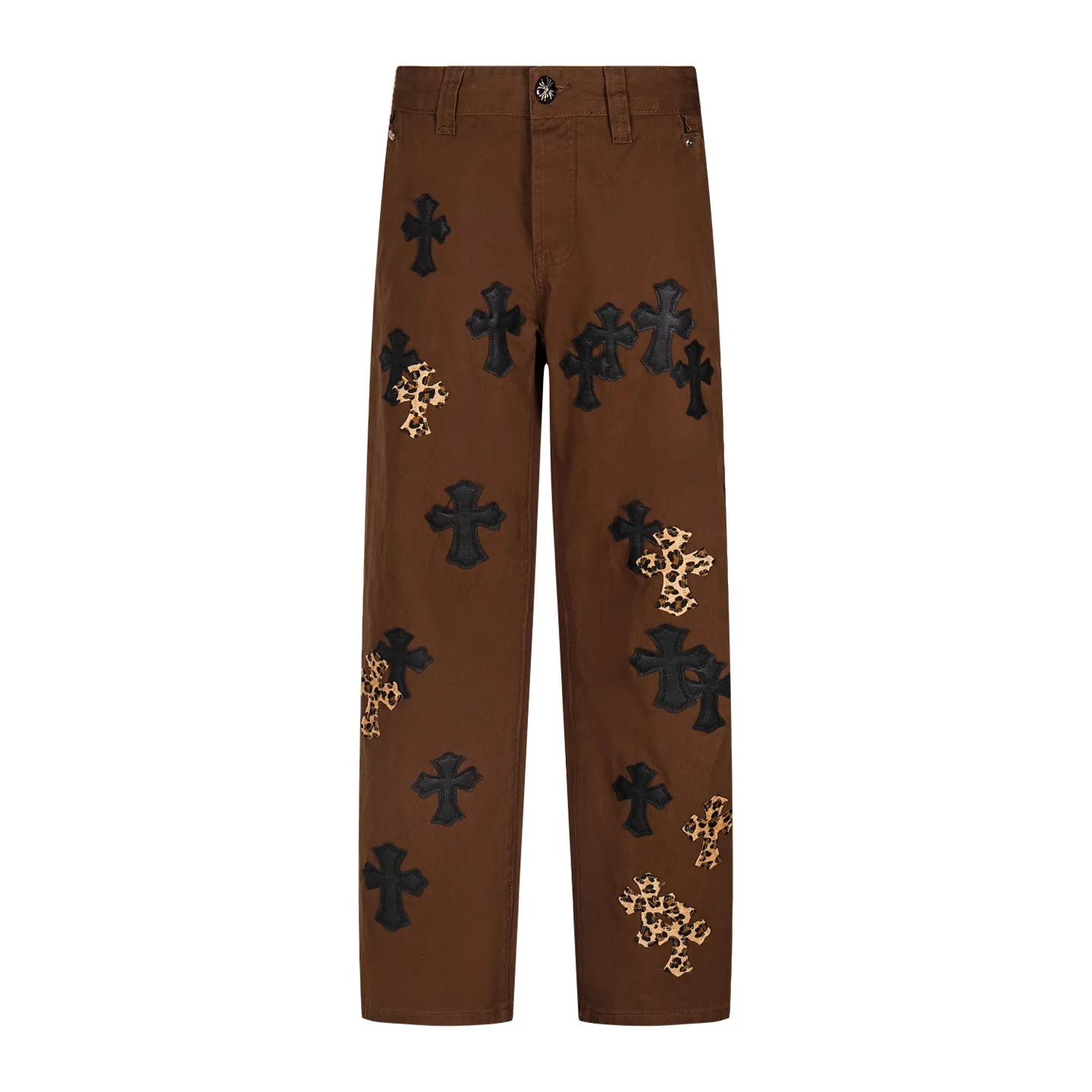P260 Chrome Hearts | Chrome Hearts Brown Casual Cross Patched Leather Jeans - Full of exploring the ultimate in fashion, Chrome Hearts' new Chrome Hearts pants cleverly integrate camouflage cross, camouflage cross and other elements to break traditional boundaries. Mattyboy's clever fusion of overalls and khaki jeans, the same style, brings endless matching inspiration to fashionistas! Whether it is daily wear or a trendy try, these pants can bring you an excellent fashion experience. Style number: 1754# Color: casual brown Size: 28 30 32 34